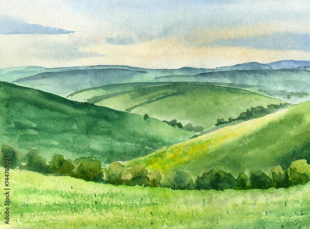 Green hills made with watercolor green paint