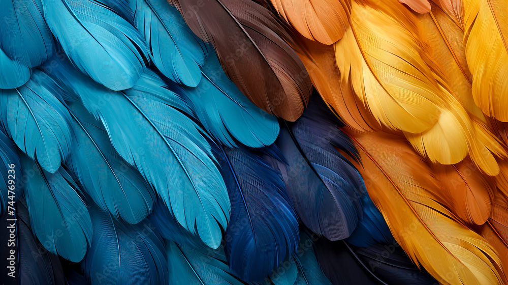 Obraz premium Vibrant Feather Texture in Blue and Orange Hues, created with Generative AI technology
