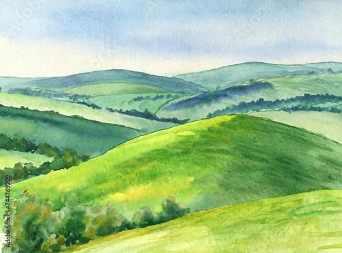 Green hills made with watercolor green paint