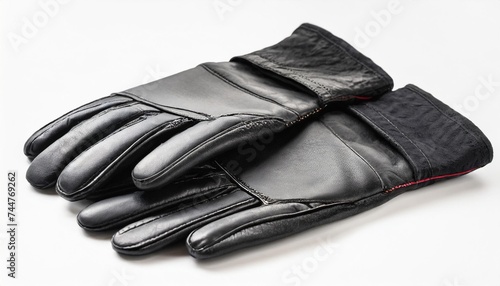 a pair of men s winter black leather gloves close up lie next to each other front and back side isolated on a transparent background