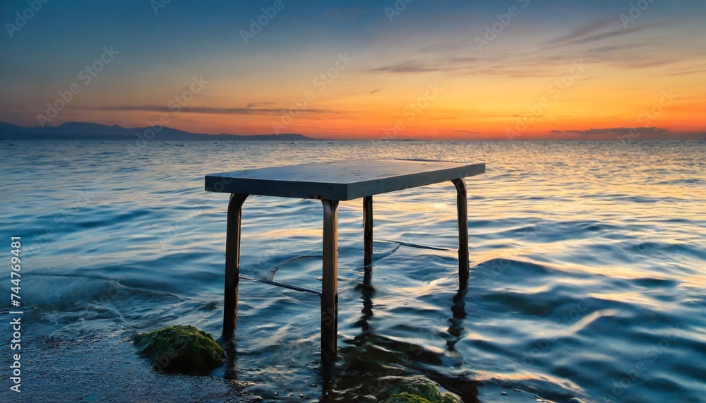 metal table in the sea at sunset - obrazy, fototapety, plakaty 