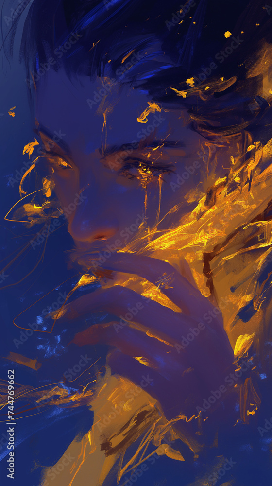 Golden Tears in Blue Twilight, Sketch Painting Art Golden Tears in Blue Twilight, Sketch Painting Art