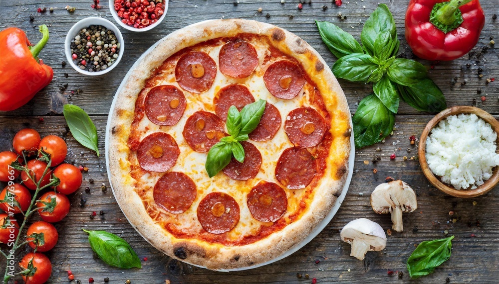 traditional italian pepperoni pizza top view with ingredients