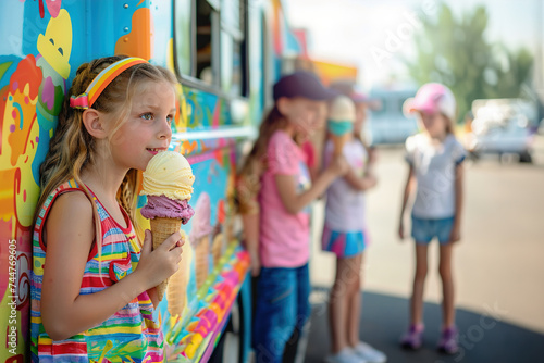 Children line up outside a vibrant ice cream truck, awaiting their favorite ice creams under the bright sun.