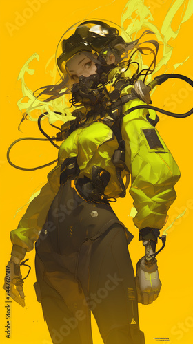 Cybernetic Biohazard Explorer in Neon Yellow, Toxic Concept Character Art, 