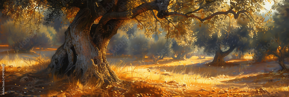 Olives bathed in golden sunlight, casting vibrant shadows on an ancient olive tree - obrazy, fototapety, plakaty 