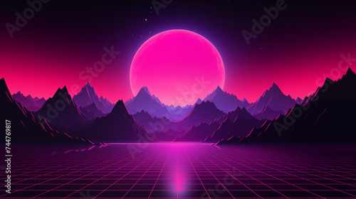 Futuristic retro landscape of the 80`s. Futuristic illustration of sun with mountains in retro style. Digital Retro Cyber Surface. Suitable for design in the style of the 1980`s.


