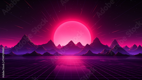 Futuristic retro landscape of the 80 s. Futuristic illustration of sun with mountains in retro style. Digital Retro Cyber Surface. Suitable for design in the style of the 1980 s.  