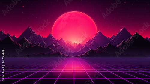 Futuristic retro landscape of the 80 s. Futuristic illustration of sun with mountains in retro style. Digital Retro Cyber Surface. Suitable for design in the style of the 1980 s.  