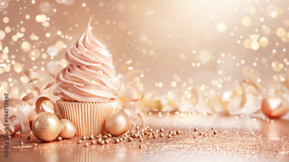 Beautiful pink cupcake with sparks in the background, gold and beige
