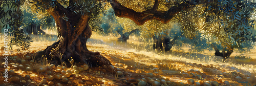 Olives bathed in golden sunlight, casting vibrant shadows on an ancient olive tree © Simo
