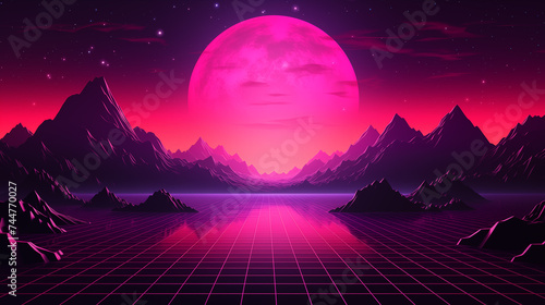 Futuristic retro landscape of the 80`s. Futuristic illustration of sun with mountains in retro style. Digital Retro Cyber Surface. Suitable for design in the style of the 1980`s.   © acid2728k