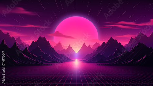 Futuristic retro landscape of the 80`s. Futuristic illustration of sun with mountains in retro style. Digital Retro Cyber Surface. Suitable for design in the style of the 1980`s.