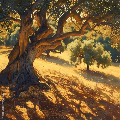 Olives bathed in golden sunlight, casting vibrant shadows on an ancient olive tree © Simo