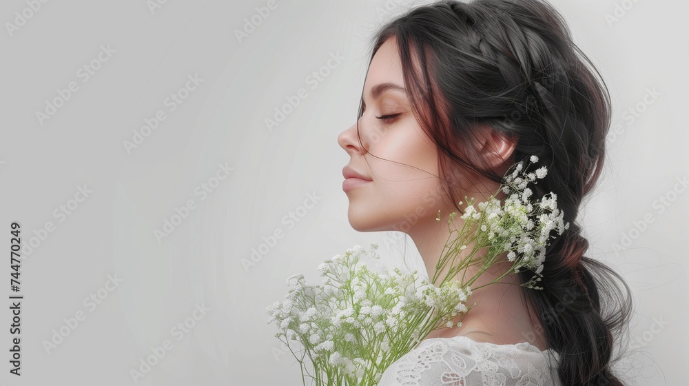 wwoman with beautiful hair holding Bouquet of flowers lily of the valley side view on banner with copy space for text wwoman with beautiful hair holding Bouquet of flowers lily of the valley side view on banner with copy space for text