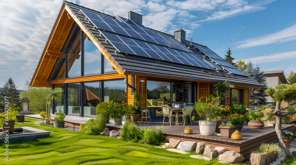 New modern house with solar panels on the roof and terrace garden. Eco ...