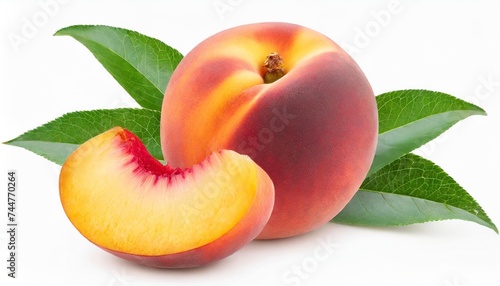 peach isolated whole peach with a slice on white background peach fruit with leaf and cut pieces full depth of field © Simone