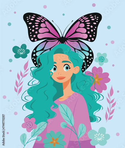 Cartoon blue-haired girl in a dress with a large butterfly, flowers and leaves