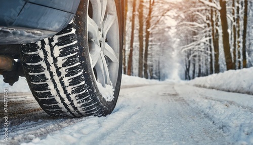 closeup of car tires in winter on the road covered with snow
