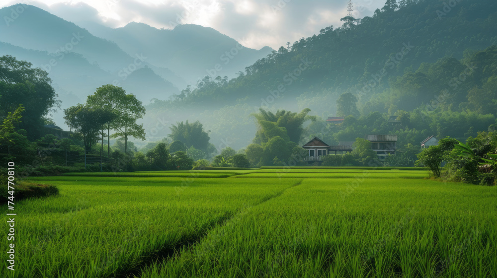 Picturesque rural landscape in morning fog. Green field with seedlings in the foreground, luxury mansion and forested mountains in the background.