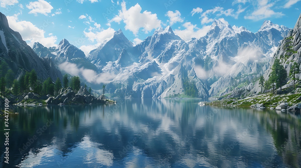 A tranquil mountain lake nestled amidst towering peaks, its surface smooth as glass reflecting the surrounding landscape in perfect clarity. The air is crisp and clean, scented with the tang of pine a