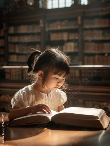 Children reading books in the library with beautiful lights generative ai illustration art