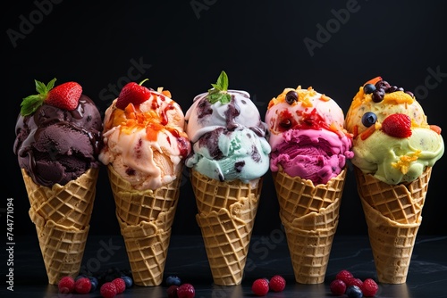 Various colorful delicious ice cream cones for vanilla, strawberry and chocolate on a dark background