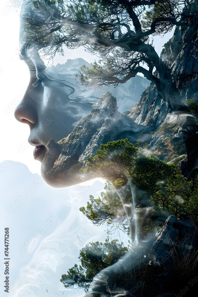 Double exposure of a portrait of a woman with a nature background. Conceptual image of the environment Double exposure of a portrait of a woman with a nature background. Conceptual image of the environment