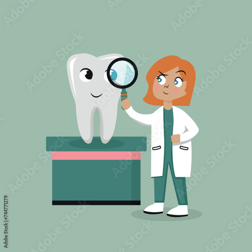 Cartoon dentist looking at a tooth through a magnifying glass