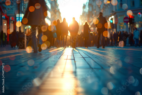 Low angle shot of pedestrian street in modern city. Many people walking along the street of the evening city, illuminated by the setting sun. Sun flare effect. photo