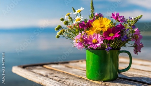 bouquet of bright colourful summer wildflowers in a green metal mug on wooden background sunny morning baikal lake siberia