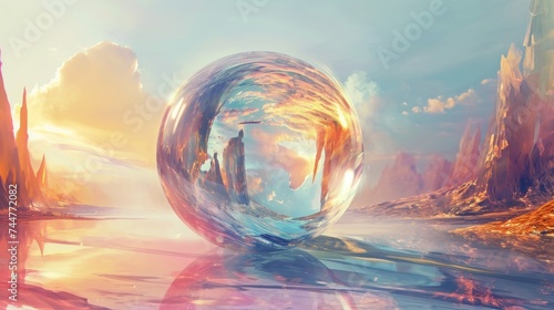 Fantasy landscape with planet and mountains in water #744772082