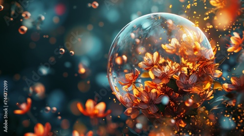 Illustration of a crystal ball with flowers and bokeh #744772099