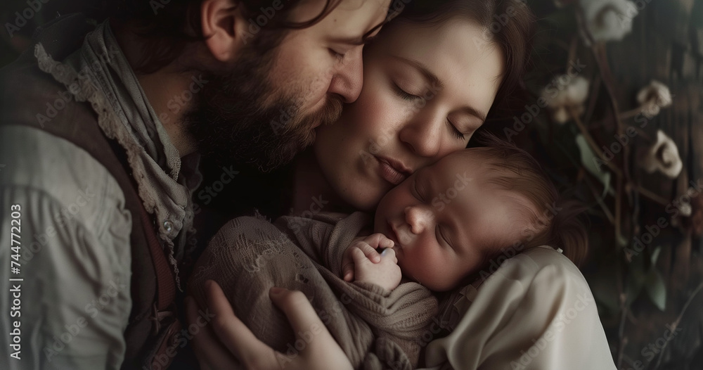 Portrait of parents and newborn baby. Father and mother kiss and hug a beautiful newborn child Portrait of parents and newborn baby. Father and mother kiss and hug a beautiful newborn child