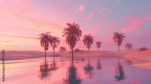A tranquil oasis nestled in the heart of the desert  where palm trees sway lazily in the warm breeze. The vibrant hues of sunset paint the sky in shades of pink and orange  casting a magical glow over
