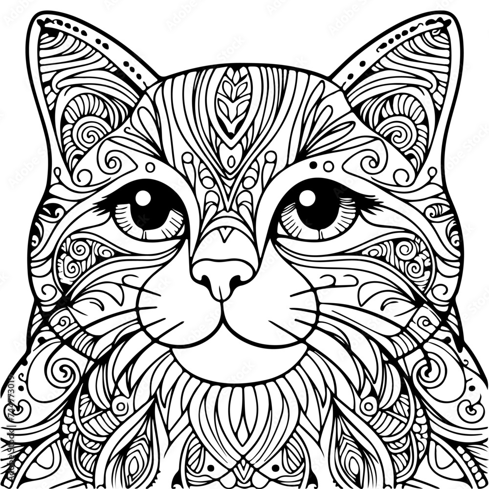 Fototapeta premium Cat face. Coloring book page for adults and kids. Animal portrait