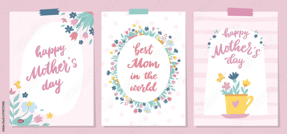 Mother's day cards, posters, prints, banners, invitations, templates decorated with lettering quotes, flowers, doodles. EPS 10