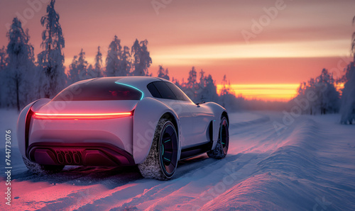 Futuristic family SUV 4WD driving in a snowy winter landscape