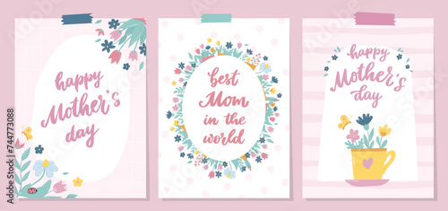 Mother's day cards, posters, prints, banners, invitations, templates decorated with lettering quotes, flowers, doodles. EPS 10