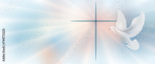Dove with christian cross symbol. Crucifix. Easter. Sign of purity. Faith. Baptism. Holy Spirit. Evangelization. Resurrection. Banner copy space