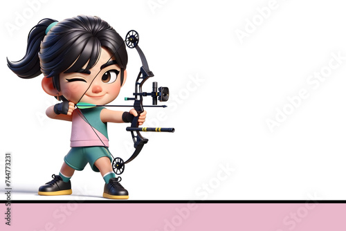 Dynamic Archery Illustration: Young Girl Aiming for the Bullseye, Female Archer Character Illustration in Action, Skillful Archer Girl: Illustration of Precision and Focus