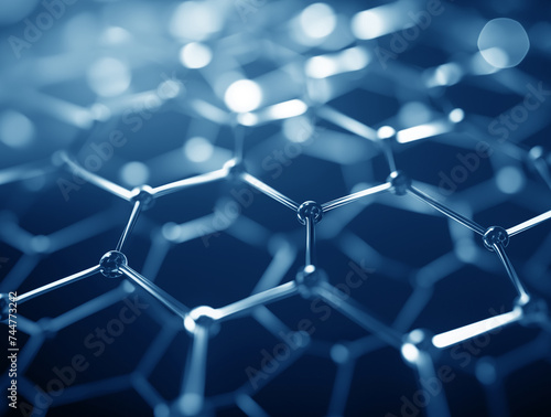 Graphene hexagonal lattice nanostructure made of carbon atoms, graphene molecular grid blue background