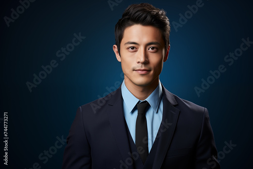 Business portrait of a young asian man wearing suit and tie on a dark blue studio background with copy space © olympuscat