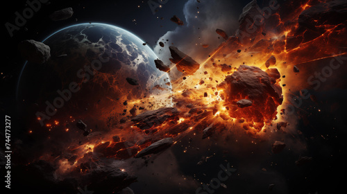 Asteroid exploding and burning in space near the planet. Two celestial bodies colliding in space