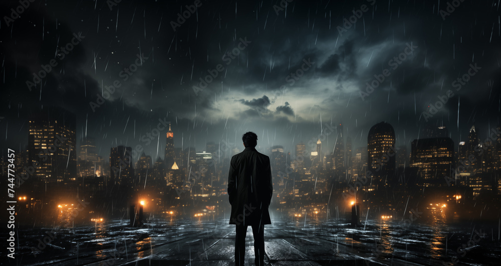 Silhouette of a man standing in the rain looking at night city. Loneliness, dark thoughts and depression concept Silhouette of a man standing in the rain looking at night city. Loneliness, dark thoughts and depression concept