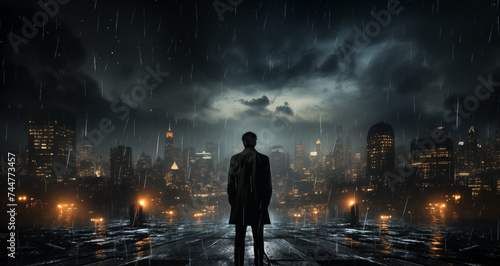 Silhouette of a man standing in the rain looking at night city. Loneliness, dark thoughts and depression concept