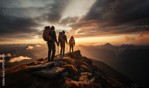 Three people on the top of mountain during golden hour. Group of hikers with backpacks walking in mountains at sunset