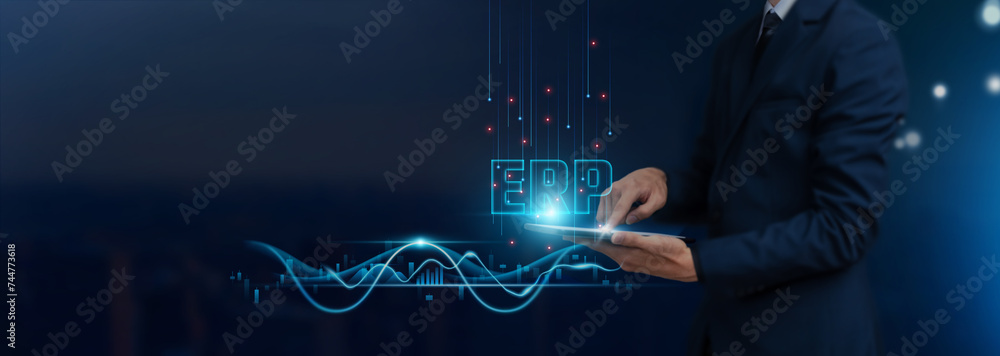 ERP: Businessman Uses Tablet on ERP Icon Global Networking, Data Integration, Efficiency, Streamlining Operations, Developing Smart Solutions from Digital Technology. - obrazy, fototapety, plakaty 