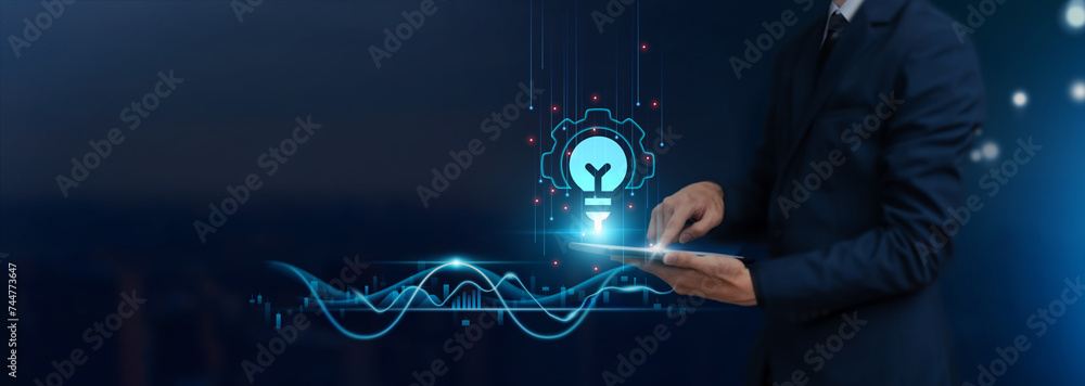 Innovation Concept: Businessman Uses Tablet on Innovation Icon Global Networking, Creativity, Vision, Collaboration, Develop Smart Solutions from Digital Technology. - obrazy, fototapety, plakaty 