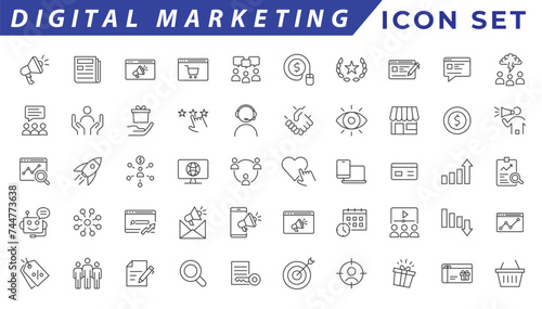 Digital marketing icons set. Content, search, marketing, ecommerce, seo, electronic devices, internet, analysis, social and more line icon.